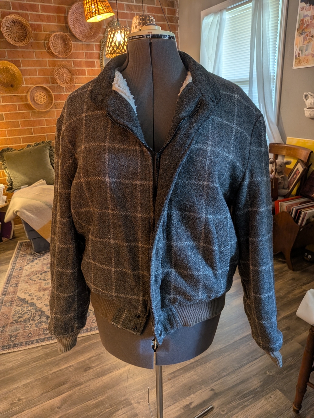 Men's Charcoal Windowpane Bomber Jacket with Sherpa Lining Vintage